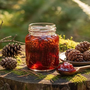 Puede incluir: Un tarro de mermelada rojiza con piñas, un plato pequeño con piñas y una cuchara de madera con mermelada sobre un tocón cubierto de musgo en un entorno forestal iluminado por el sol.