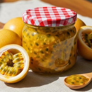 May include: A jar of passion fruit jam with a red and white checkered lid, surrounded by whole and halved passion fruits. A wooden spoon holds a portion of the jam. The fruits are yellow with dark seeds.