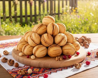 Biscotti alle noci Oreshki – Biscotti russi ucraini ripieni di crema al dulce de leche – Dolce regalo europeo tradizionale fatto a mano