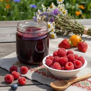 May include: A jar of dark red jam sits on a wooden table next to a bowl of fresh raspberries. Strawberries and a small orange are also present. A bouquet of wildflowers and a field of colorful flowers are in the background.