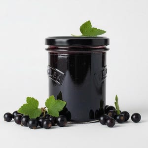 May include: A jar of dark purple jam with a black lid, surrounded by fresh black currants and green leaves. The jar has the word "LEK" embossed on the side. The image is set against a white background.