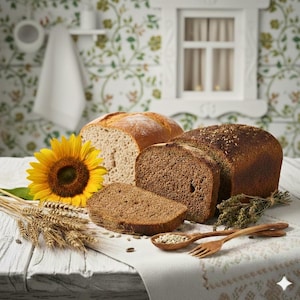 May include: A still life featuring freshly baked bread, including a sliced loaf, a sunflower, and wheat stalks. Wooden spoons with seeds and herbs are arranged on a white tablecloth, creating a rustic, inviting scene.