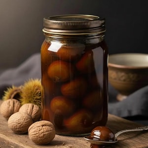 Peut inclure: Un bocal en verre rempli de châtaignes confites dans un liquide foncé. Des noix, des bogues de châtaignes et une cuillère avec une châtaigne sont sur une planche de bois. Un bol en céramique est en arrière-plan.