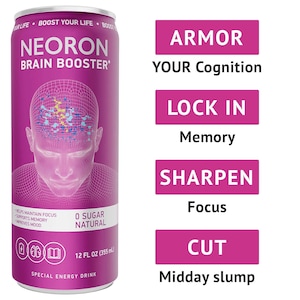 Pode incluir: Uma lata roxa de bebida energ&eacute;tica Neoron Brain Booster. A lata apresenta um gr&aacute;fico de uma cabe&ccedil;a humana com uma ilustra&ccedil;&atilde;o do c&eacute;rebro. O texto na lata inclui "0 Sugar Natural" e "12 FL OZ (355 ml)".