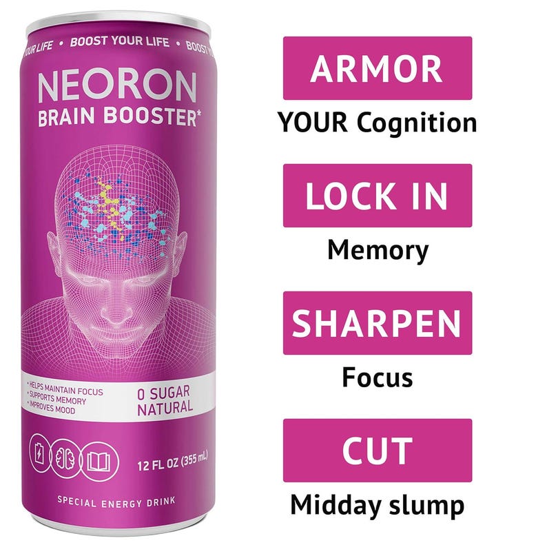 Pode incluir: Uma lata roxa de bebida energ&eacute;tica Neoron Brain Booster. A lata apresenta um gr&aacute;fico de uma cabe&ccedil;a humana com uma ilustra&ccedil;&atilde;o do c&eacute;rebro. O texto na lata inclui "0 Sugar Natural" e "12 FL OZ (355 ml)".