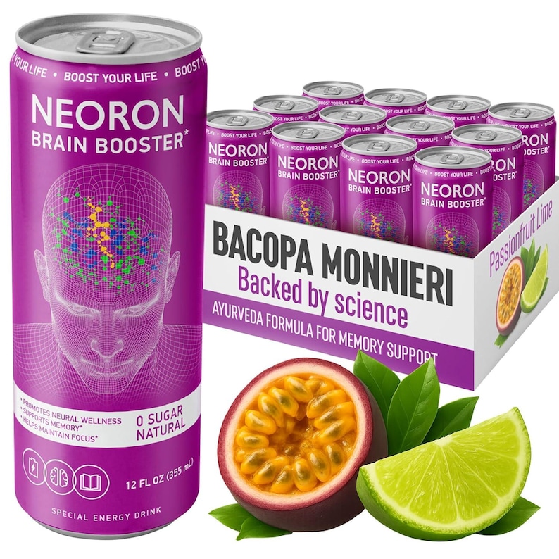 Pode incluir: Uma exibi&ccedil;&atilde;o de latas de bebida energ&eacute;tica Neoron Brain Booster. As latas s&atilde;o roxas com o nome da marca e um gr&aacute;fico de c&eacute;rebro. Uma caixa de latas &eacute; vis&iacute;vel, juntamente com maracuj&aacute; e fatias de lim&atilde;o. O texto diz "Bacopa Monnieri, Backed by science."