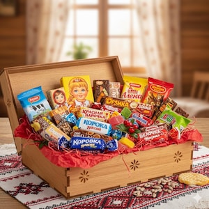 Könnte beinhalten: Eine Holzkiste gefüllt mit verschiedenen Süßigkeiten und Schokoladen, darunter verpackte Riegel und bunte Süßigkeiten. Die Kiste ist mit rotem Seidenpapier ausgekleidet und steht auf einer gemusterten Tischdecke. Die Süßigkeiten haben russischen Text auf den Verpackungen.