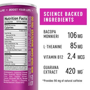 Pode incluir: Uma lata roxa e prateada de uma bebida com informa&ccedil;&otilde;es nutricionais e ingredientes. A lata lista ingredientes como Bacopa Monnieri, L-Teanina e Extrato de Guaran&aacute;. O tamanho da por&ccedil;&atilde;o &eacute; de 355 ml.