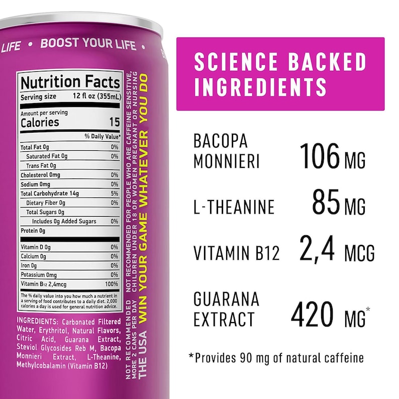 Pode incluir: Uma lata roxa e prateada de uma bebida com informa&ccedil;&otilde;es nutricionais e ingredientes. A lata lista ingredientes como Bacopa Monnieri, L-Teanina e Extrato de Guaran&aacute;. O tamanho da por&ccedil;&atilde;o &eacute; de 355 ml.