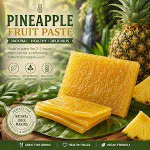Könnte beinhalten: Bild von Ananas-Fruchtpaste mit dem Text "Pineapple Fruit Paste". Die Paste hat eine goldgelbe Farbe und ist auf einem grünen Blatt gestapelt. Das Bild enthält auch eine ganze Ananas und Ananasscheiben.