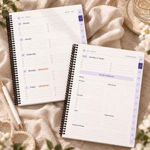 May include: Two spiral-bound planners with white pages featuring black text and purple accents. The left planner shows a weekly schedule from Monday to Friday. The right planner displays a weekly dashboard with sections for mantra, priorities, wins, and a brain dump.