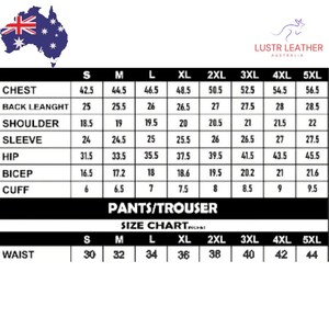 May include: Size chart for pants and trousers, with measurements in inches. Includes chest, back length, shoulder, sleeve, hip, bicep, and cuff measurements, as well as waist sizes. The chart is for sizes S through 5XL.