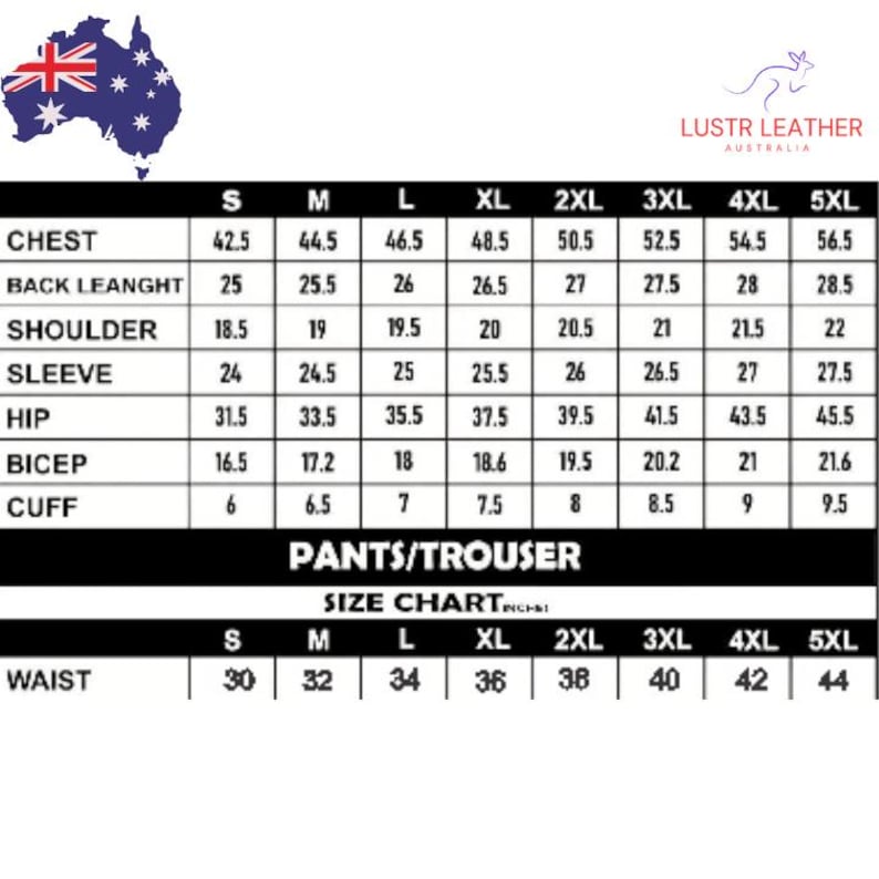 May include: Size chart for pants and trousers, with measurements in inches. Includes chest, back length, shoulder, sleeve, hip, bicep, and cuff measurements, as well as waist sizes. The chart is for sizes S through 5XL.