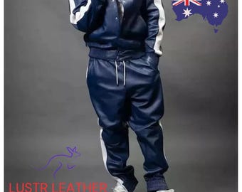 Men’s Navy Blue and White Stripe Leather Track Suit | Luxury Cowhide Tracksuit Set | Handmade Bomber Jacket & Pants | Streetwear Outfit