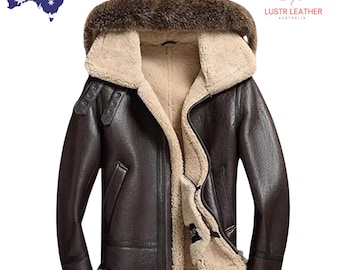 Women’s Brown Shearling Leather Jacket with Removable Hood – Real Sheepskin Bomber Aviator Winter Coat, Vintage Style Jacket