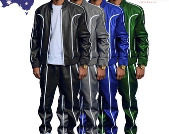 Men’s Genuine Leather Track Suit – Cowhide Bomber Jacket & Joggers | Gray, Black, Blue, Green | White Stripe Sweatsuit