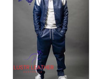 Men’s Navy Blue and White Stripe Leather Track Suit | Luxury Cowhide Tracksuit Set | Handmade Bomber Jacket & Pants | Streetwear Outfit