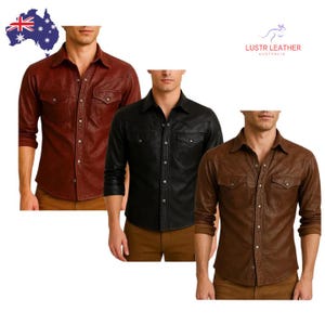 May include: Three leather shirts in red, black, and brown. Each shirt features a button-down front, two chest pockets, and long sleeves. The shirts are displayed on a white background.