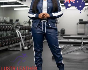 Women’s Navy and White Cowhide Leather Tracksuit | Handmade Luxury Leather Jogging Set | Trendy Two-Piece Outfit for Ladies – Gift Idea
