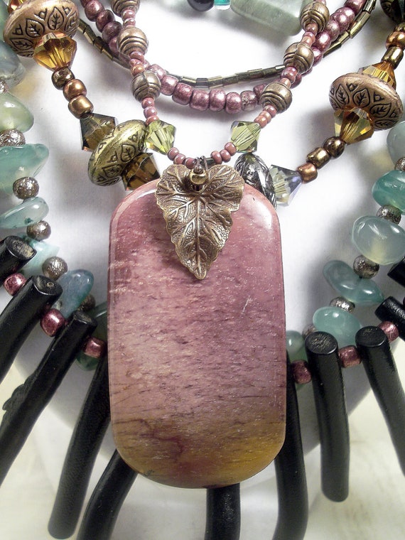 Items similar to Tribal multi-tiered necklace, mauve green black ...