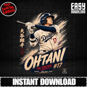 May include: A digital graphic design featuring a baseball player in a white Dodgers uniform with the number 17, swinging a bat. The image includes the text OHTANI, THE UNICORN, #17, and Japanese characters on a dark grid background with tan brush strokes.