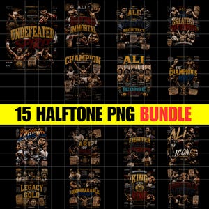 May include: A digital collection of 15 Muhammad Ali themed graphic designs featuring halftone imagery, boxing photography, and bold typography. Each individual poster layout includes various portraits of the athlete, championship belts, and text.