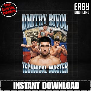 May include: Digital design featuring Dmitry Bivol, with the text "Dmitry Bivol" in a silver, textured font. The image includes photos of Bivol, the text "Undefeated Technician", and the words "Technical Master". The design also includes the words "Easy Download" and "Instant Download".