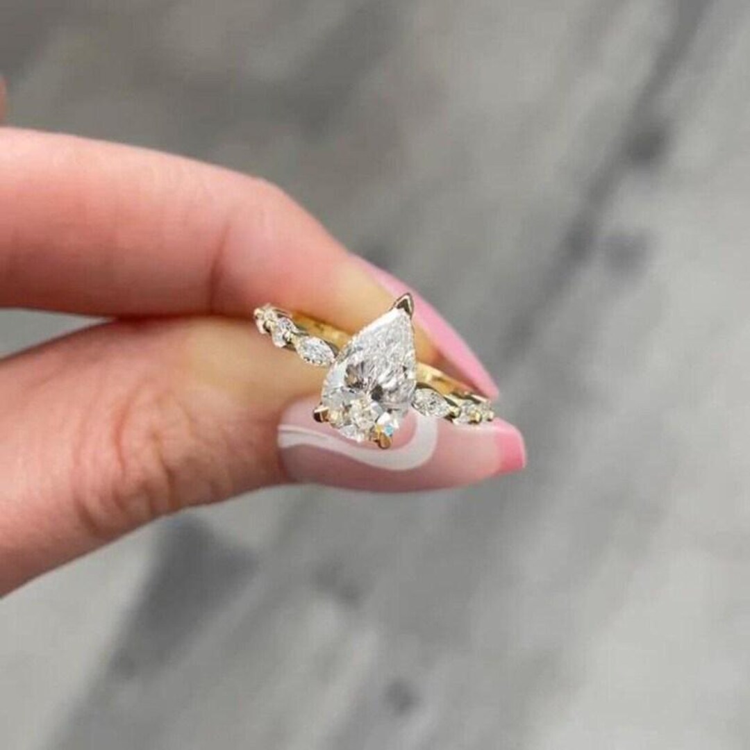 3 Ct Pear Cut Moissanite Engagement Ring 14K Yellow Gold Marquise Side ...