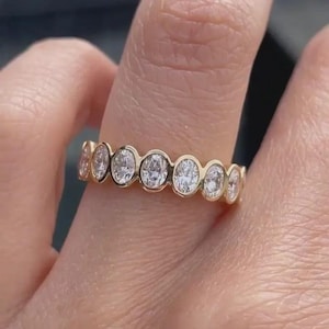 3 Ct Oval Bezel Set Eternity Band 14K Gold Moissanite Wedding Band Minimalist Stackable Ring Full Eternity Ring  Diamond Band Gift for Her