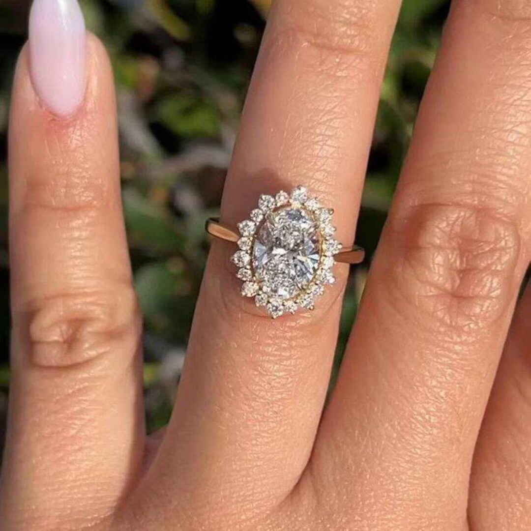 2 Ct Oval Cut Moissanite Halo Engagement Ring 14K Yellow Gold Diamond ...