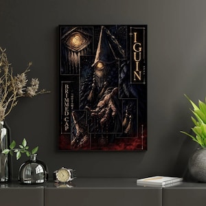 Puede incluir: Una impresión de arte mural rectangular y oscura que muestra una figura central encapuchada con un ojo en espiral brillante y un sombrero puntiagudo. La composición incluye el texto IGUIN y BRIMMED CAP, con detalles oscuros en negro y oro.