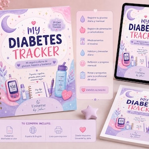 Puede incluir: Un cuaderno de espiral My Diabetes Tracker, una tableta que muestra la misma portada y un folleto más pequeño. La portada presenta ilustraciones celestiales en morado y rosa, un glucómetro, una botella de agua y el texto My Diabetes Tracker.