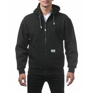 May include: A black zip-up hooded sweatshirt with a white interior and a small rectangular label on the front. The sweatshirt has a drawstring hood and two front pockets. The text on the label is partially visible.