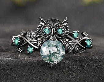 Round Moss Agate Black Owl Statement Ring Gothic Vine Emerald Promise ring Ring Dark Witchy Night Bird Animal Ring Customized Gift for Her