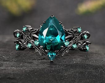 Vintage Pear Emerald Engagement Ring Set Nature Inspired Leaf Promise Ring Set Gothic 14K black gold   Wedding Ring Birthday Gift for Her