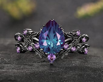 Fireworks Cut Pear Alexandrite Ring Set,  Gothic Stackable Band Set, Nature Inspired Black Branch Leaf Vintage Engagement Jewelry Set