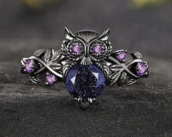 Black Owl Ring with Blue Sandstone, Gothic Leaf Branch Purple Amethyst Ring, Dark Witchy Night Bird Animal Statement Ring for Women