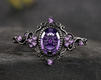 Spider Amethyst Halo Ring, Oval Gothic Engagement Ring, Vintage Victorian Filigree Ring, Halloween Witchy Jewelry Gift for Her