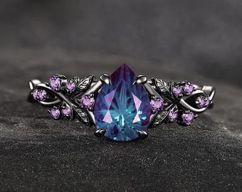 Pear Fireworks Cut Alexandrite Wedding Ring Gothic Black Gold Leaf Branch Engagement Ring Vintage Amethyst Bridal Ring June birthstone Ring