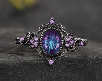 Fireworks Cut Alexandrite Gothic Ring Oval Engagement Ring Vintage Vine Wedding Ring Victorian Nature Inspired Amethyst Promise Ring For Her