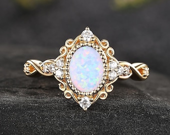 Vintage Oval White Opal Engagement Ring Gothic Moissanite Cluster Ring Victorian 14K Solid Gold Wedding Ring October Birthstone Promise Ring