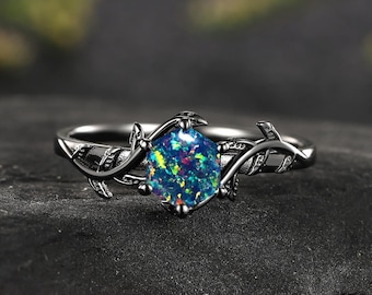 Gothic Hexagonal Cut Black Opal Engagement Ring 14K Black Gold Fire Opal  Ring Art Deco Leaf  Wedding Ring October Birthstone Ring