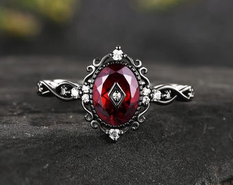 Anillo de compromiso ovalado único con granate rojo, anillo de promesa nupcial Art Déco con moissanita y diseño vintage, diseñado para ella.