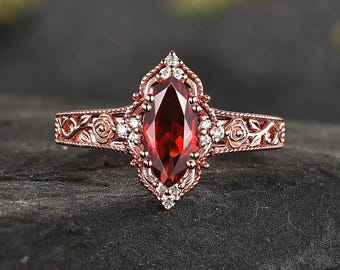 Vintage Marquise Cut Garnet Engagement Ring 14K Rose Gold Flower Wedding Ring  Art Deco Floral Wedding Ring Nature Inspired Promise Ring