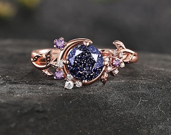Round Blue Sandstone Engagement Ring  14K Gold Leaf Vine Amethyst Wedding Ring Unique Moon Design Ring Art Deco Promise Ring For Women