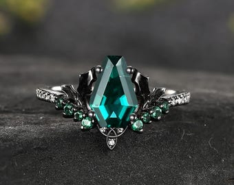 Gothic Coffin Cut Vintage Emerald Engagement Ring Art Deco Wedding Ring Vintage Black Gold Ring May Birthstone Ring  Bridal Promise Ring