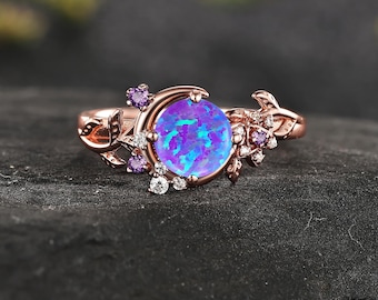 Lavender-purple opal Engagement Ring Art Deco Promise Ring 14K Gold Leaf  Amethyst Wedding Ring October birthstone Ring Anniversary Gift