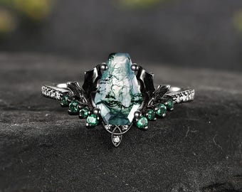 Vintage Coffin Cut Moss Agate Engagement Ring Art Deco Emerald Wedding Ring Gothic Black Gold Ring Bridal Promise Ring Designed for her