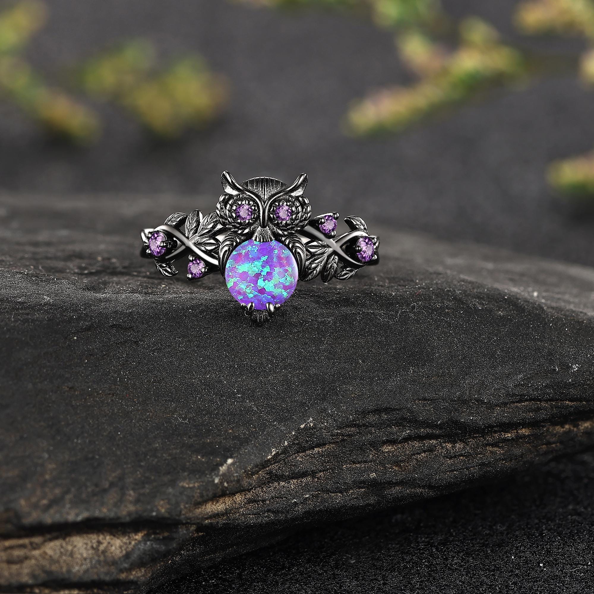Unique Owl Lavender Purple Opal Statement Ring Gothic Black Gold Twig Leaf Engagement Ring Nature In