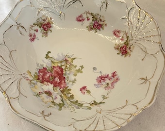 Antique Victorian Floral Porcelain Serving Bowl Gold Gilt Embossed Pink Floral